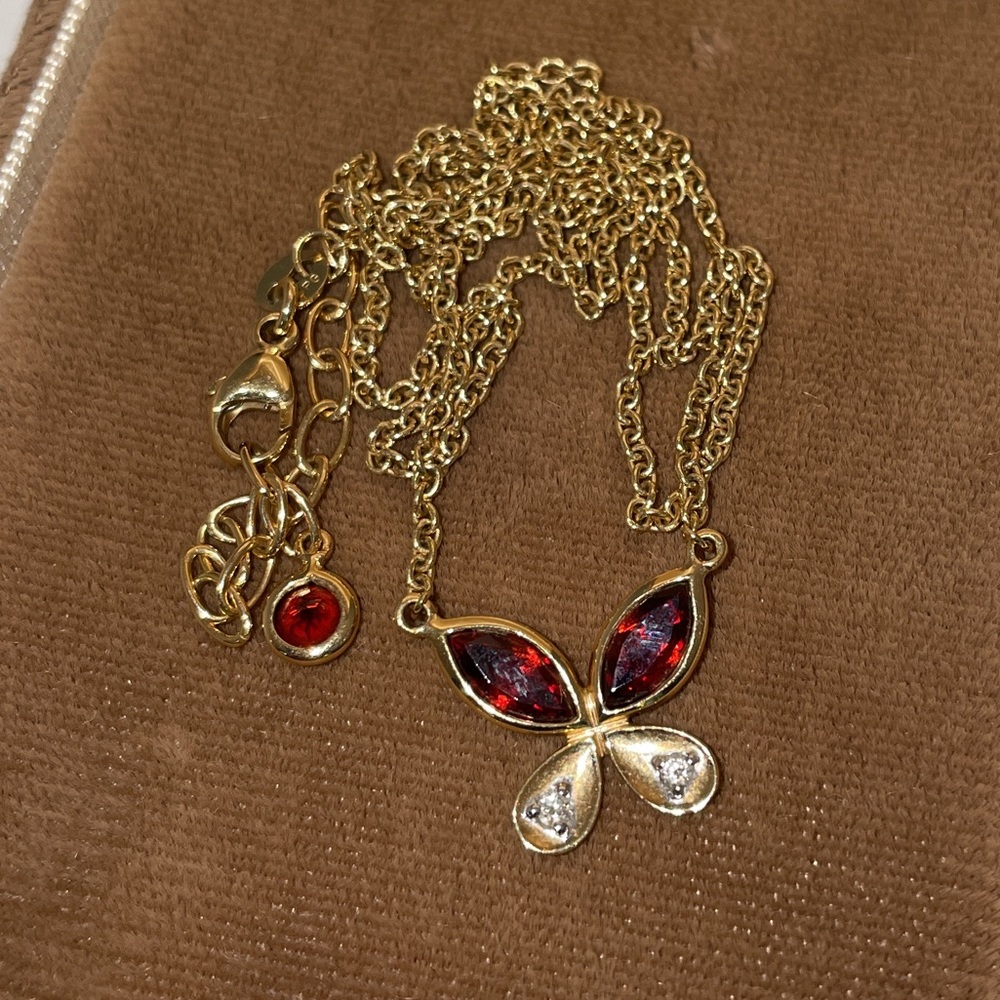 Solid Stamped 14K Yellow Gold Italy Natural Garnet & Diamond Butterfly Necklace